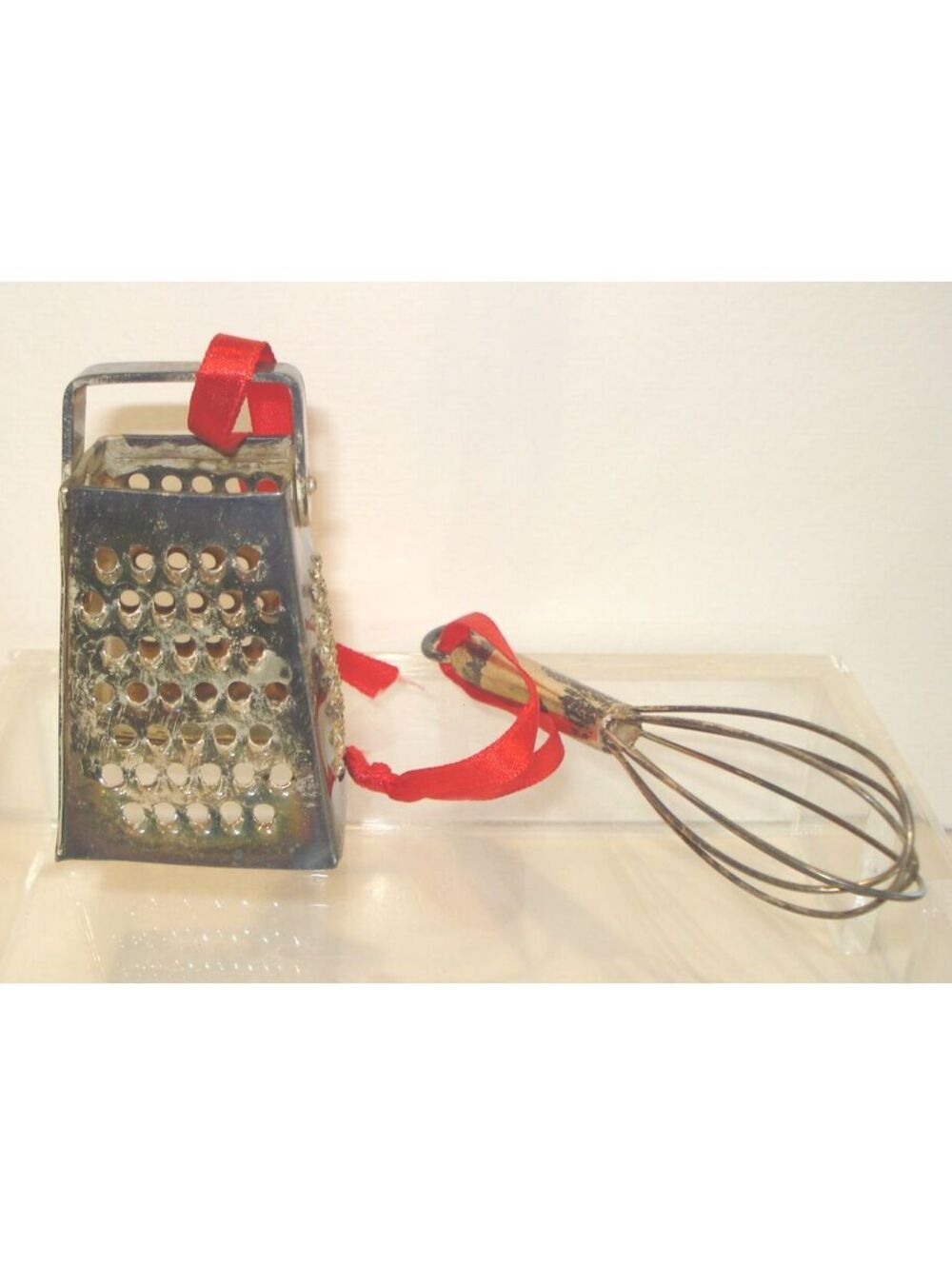 Vintage Metal Miniature Grater and Whisk Kitchen Ornaments
